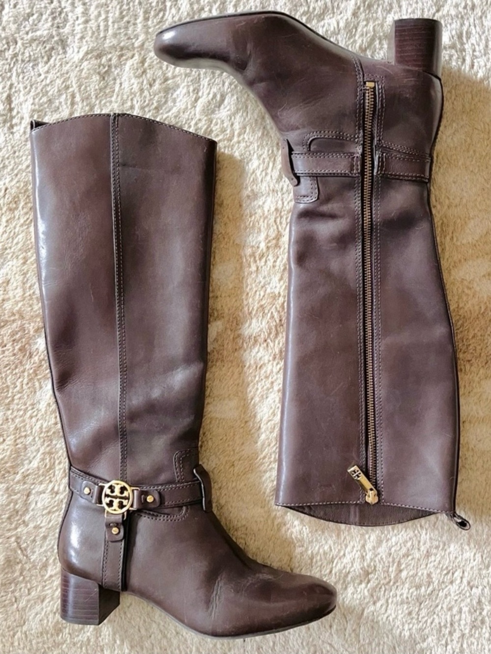 Tory Burch  Donovan Brown Leather Tall Boots with Gold Logo Harness Size 6